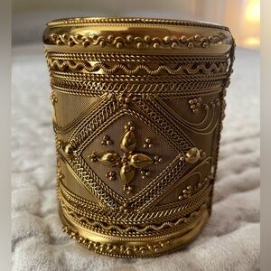 Gold Tone Metal Ornate Filigree Wide Cuff Hinged Bracelet